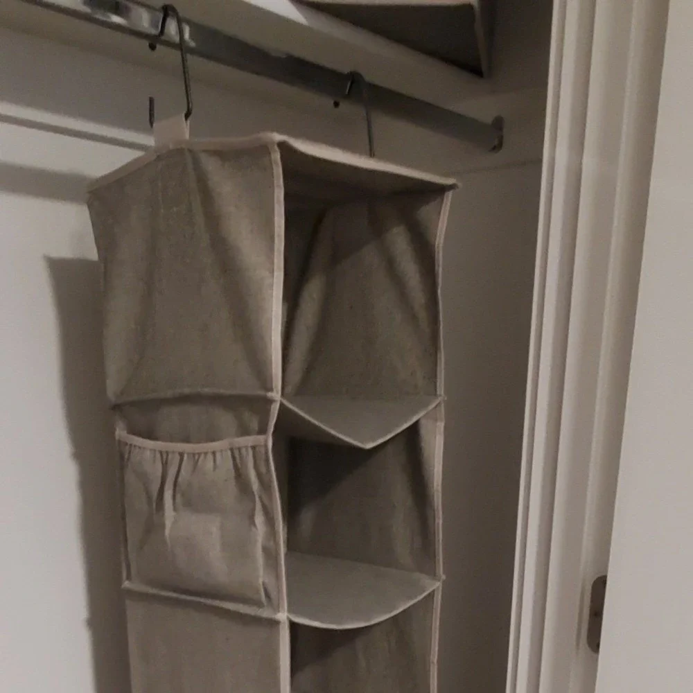 Grey 6-Shelf Hanging Closet Organizer with Side Pockets and Metal Hooks